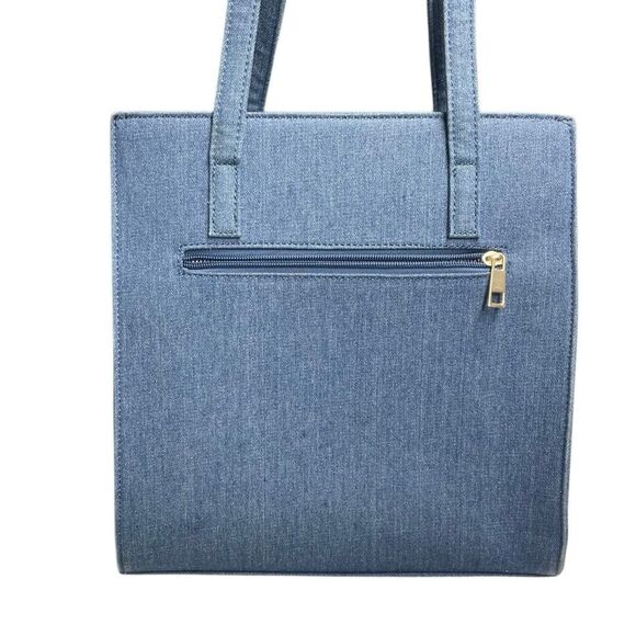 Blue and Cream Chevron Denim Structured Tote Shoulder Bag - Picture 4 of 8